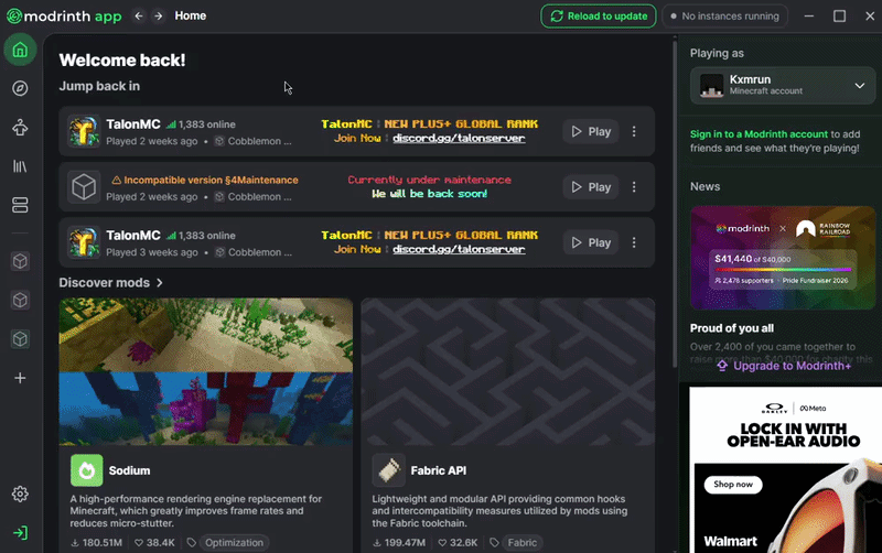 The TalonMC Cobblemon instance in the Modrinth App home tab, ready to play