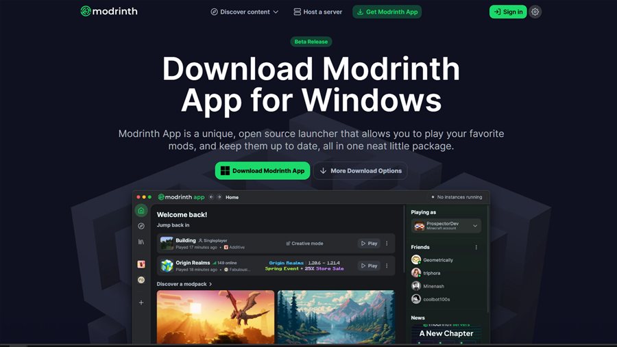 The Modrinth App download page with the Download Modrinth App button