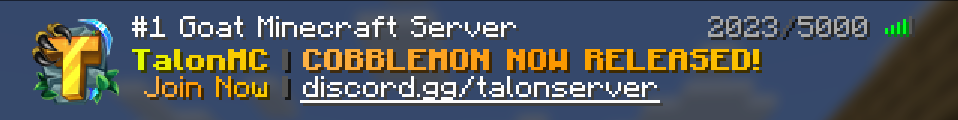 The TalonMC Cobblemon server in the Minecraft multiplayer list showing 2023 of 5000 players online